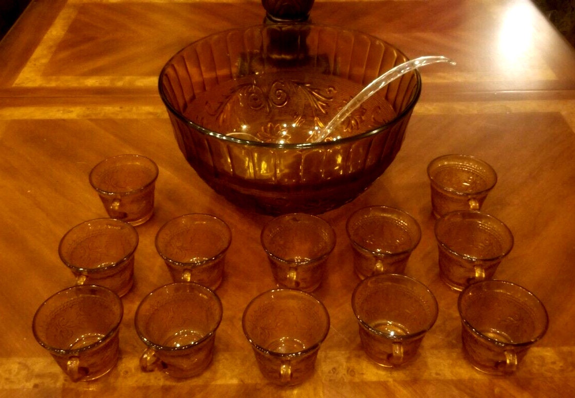 Tiara Indiana Glass Amber Sandwich Punch Bowl , Ladle & 12 Cups Vintage