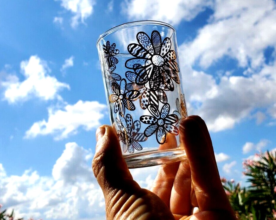 Frank Maietta Signed Mid-century Gold Bee and Flower Glasses, (set