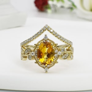 14K Gold Natural Citrine Engagement Ring Set| Art Deco Citrine Ring Set| Citrine Wedding Ring Set| Unique Citrine Gold Ring