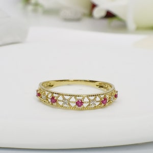 18K Gold Natural Ruby Engagement Ring| Natural Ruby Half Eternity Ring| Genuine Ruby Diamond Bridal Ring| July Birthstone Jewelry