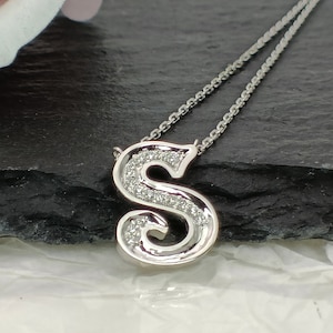 18K Gold Diamond Alphabet Initial Necklace/Letter S Chain/ A-Z letter necklace with diamond/ Natural Diamond Letter Necklace