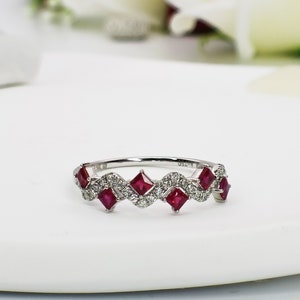 18K Gold Natural Ruby Engagement Ring| 0.39ct Natural Ruby Half Eternity Ring| Genuine Ruby Diamond Bridal Ring| July Birthstone Jewelry