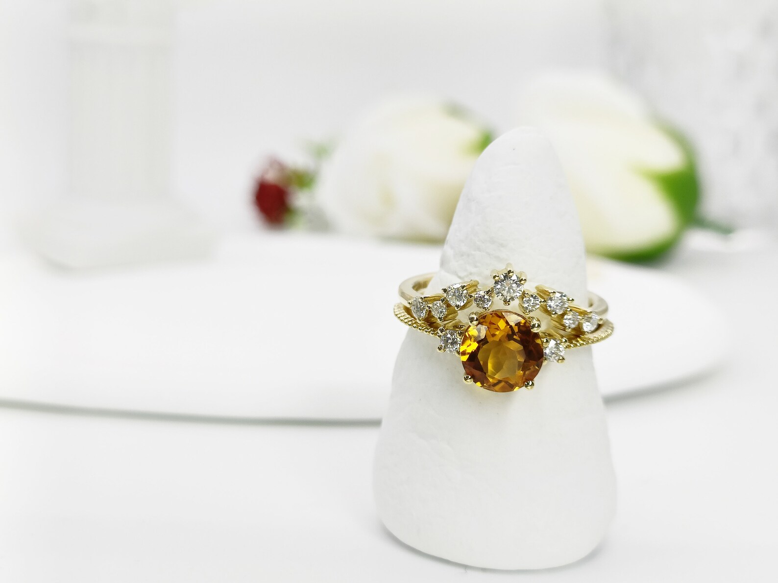 14K Gold Natural Citrine Engagement Ring Set| Genuine Citrine Bridal ...