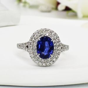 Natural Ceylon Blue Sapphire Engagement Ring| 2.04ct Natural Sapphire Diamond Halo Ring | 18K Gold Sri Lanka Natural Sapphire Bridal Ring