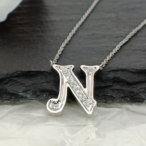 18K Gold Diamond Alphabet Initial Necklace/Letter N Chain/ A-Z letter necklace with diamond/ Natural Diamond Letter Necklace