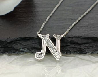 18K Gold Diamond Alphabet Initial Necklace/Letter N Chain/ A-Z letter necklace with diamond/ Natural Diamond Letter Necklace