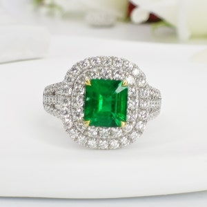 GRS Certified Natural Muzo Colombia Emerald and White Diamond Halo Ring, 2.63ct Natural Columbian Emerald Engagement Ring in 18K Gold