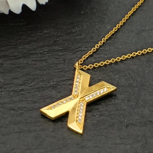 18K Gold Diamond Alphabet Initial Necklace/Letter X Chain/ A-Z letter necklace with diamond/ Natural Diamond Letter Necklace