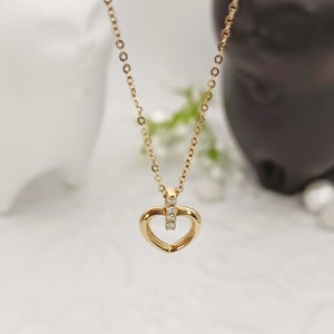 18K Solid Gold Diamond Heart Necklace, Natural Diamond Open Heart Necklace, Dainty Diamond Heart Necklace