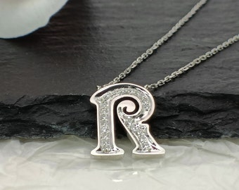 18K Solid Gold Diamond Alphabet Initial Necklace/Letter R Chain/ A-Z letter necklace with Natural diamond/ Natural Diamond Letter Necklace