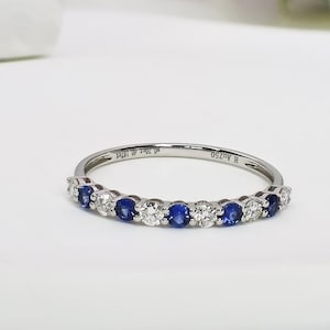 18K Gold Natural Sapphire Engagement Ring| 5pcs Natural Sapphire Half Eternity Ring| Genuine Sapphire Diamond Bridal Ring