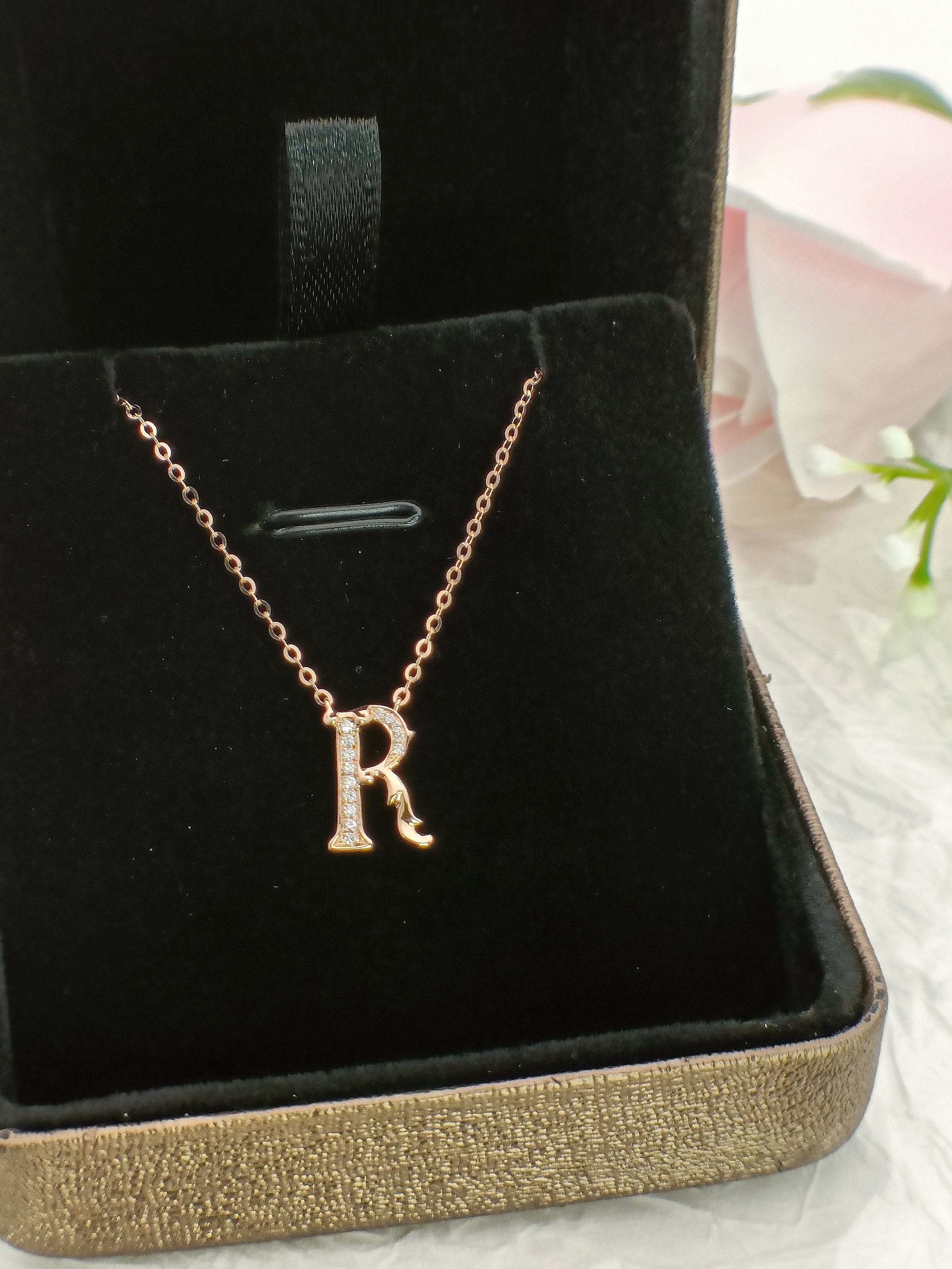 18K Gold Diamond Alphabet Initial Necklace/letter R Chain/ A-Z Letter ...