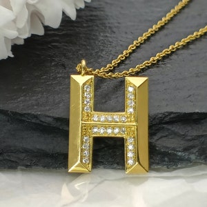 18K Gold Diamond Alphabet Initial Necklace/Letter H Chain/ A-Z letter necklace with diamond/ Natural Diamond Letter Necklace