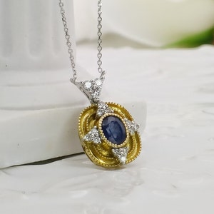 18K Solid Gold Natural Sapphire Necklace/ Sapphire Necklace with Natural Diamond/ 18K Gold Sapphire Diamond Pendant
