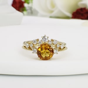 14K Gold Natural Citrine Engagement Ring Set| Genuine Citrine Bridal Ring Set| Citrine Stacking Band| Gold Citrine Ring