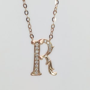 18K Gold Diamond Alphabet Initial Necklace/Letter R Chain/ A-Z letter necklace with diamond/ Natural Diamond Letter Necklace