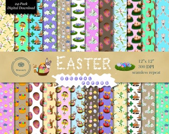 Easter Digital Paper, Easter Scrapbook Paper, Easter Pattern, Easter Seamless Pattern, Easter Bunny, Easter Lily, Eggs, Chick, Hen, Flowers