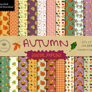 Herbst digitales Papier, Herbst Scrapbook Papier, Herbst Muster, Herbst nahtlose Muster, Blätter, Eichhörnchen, Eule, Igel, Ahorn, Pilz, Fuchs