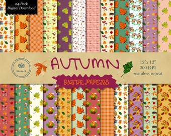 Papel digital de otoño, papel de álbum de recortes de otoño, patrón de otoño, patrón sin costuras de otoño, hojas, ardilla, búho, erizo, arce, hongo, zorro