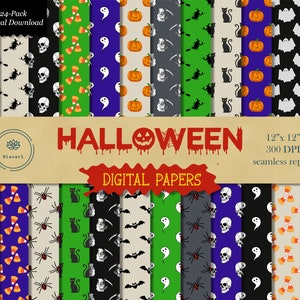Halloween Digital Paper, Halloween Scrapbook Paper, Halloween Pattern, Seamless Pattern, Candy, Bat, Ghost, Witch, Pumpkin, Spider, Skull