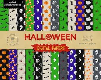 Halloween Digital Paper, Halloween Scrapbook Paper, Halloween Pattern, Seamless Pattern, Candy, Bat, Ghost, Witch, Pumpkin, Spider, Skull