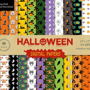 Halloween Digital Paper, Halloween Scrapbook Paper, Halloween Pattern, Seamless Pattern, Spooky, Bat, Ghost, Witch, Pumpkin, Spider, Skull