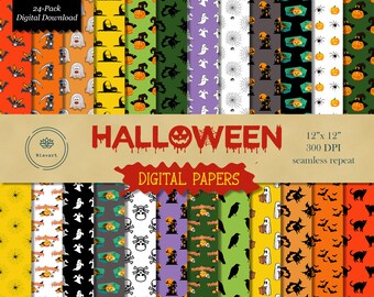 Halloween Digital Paper, Halloween Scrapbook Paper, Halloween Pattern, Seamless Pattern, Spooky, Bat, Ghost, Witch, Pumpkin, Spider, Skull