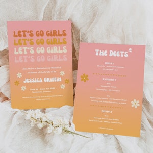 Let&#39;s Go Girls Bachelorette Party Itinerary Template. Retro Bachelorette Party Invitation. Dazed and Engaged Bachelorette Party Invite