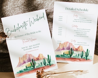Invitación de despedida de soltera en acuarela de Scottsdale, itinerario por el desierto (plantilla digital editable)