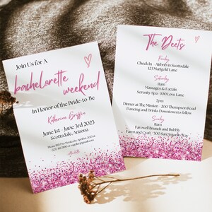Pink Glitter Bachelorette Party Invite Template. Pink Sparkle Bachelorette Party Invitation. Pink and White Bachelorette Party Itinerary Set