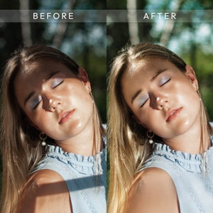 Op de afbeelding: Een vrouw met blond haar en blauwe oogschaduw draagt een lichtblauw, mouwloos shirt. De afbeelding is in twee delen gesplitst, die de vrouw voor en na een fotobewerking laten zien.