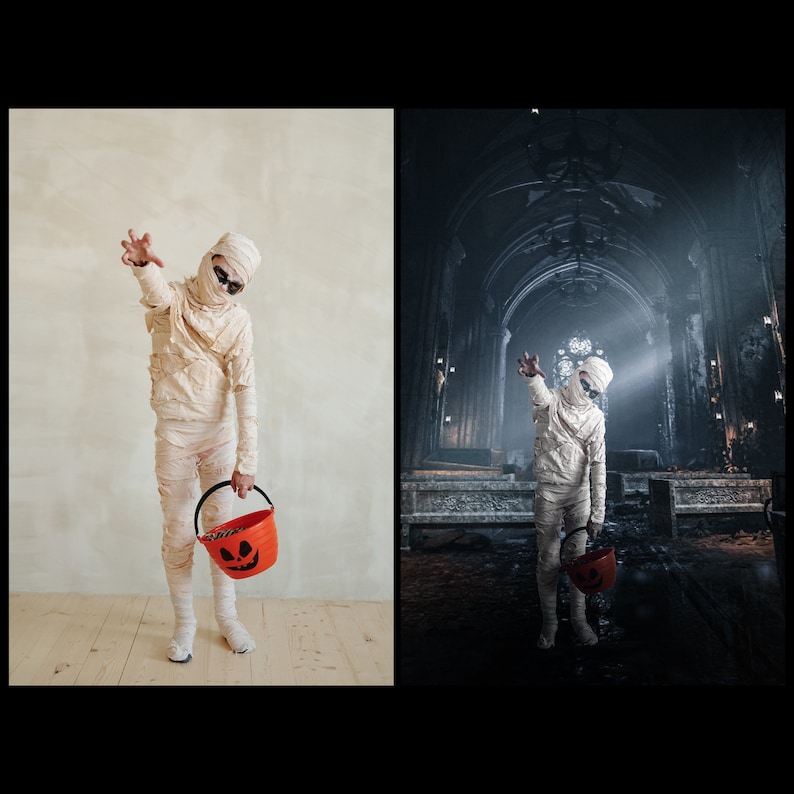 Op de afbeelding: Een kind verkleed als mummie met een oranje pompoen-emmer. Het kind staat in een kamer met witte muren en houten vloer. De achtergrond is een donkere, griezelige kerk.