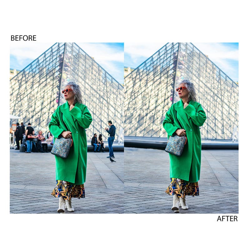 Op de afbeelding: Een vrouw in een groene jas, een kleurrijke geruite rok en een rode zonnebril staat voor de piramide van het Louvre in Parijs, Frankrijk.