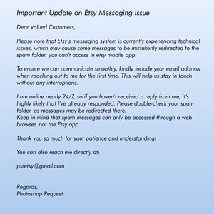 Op de afbeelding: Belangrijke update over Etsy-berichtenproblemen. Het Etsy-berichten systeem ondervindt momenteel technische problemen, waardoor berichten per ongeluk naar de spammap kunnen worden omgeleid. Om een ​​soepele communicatie te garanderen, voeg je bij je eerste contact je e-mailadres toe. De boodschap geeft ook aan dat de afzender 24/7 online is en dat je de spammap moet controleren als je geen antwoord ontvangt. Spamberichten zijn alleen toegankelijk via een webbrowser, niet via de Etsy-app. De boodschap eindigt met het e-mailadres van de afzender: psretsy@gmail.com.