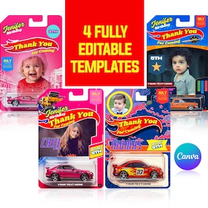 Modelo de embalagem de carro de brinquedo para aniversário, etiqueta de lembrança de aniversário de carro para impressão, cartão de convite, Canva editável
