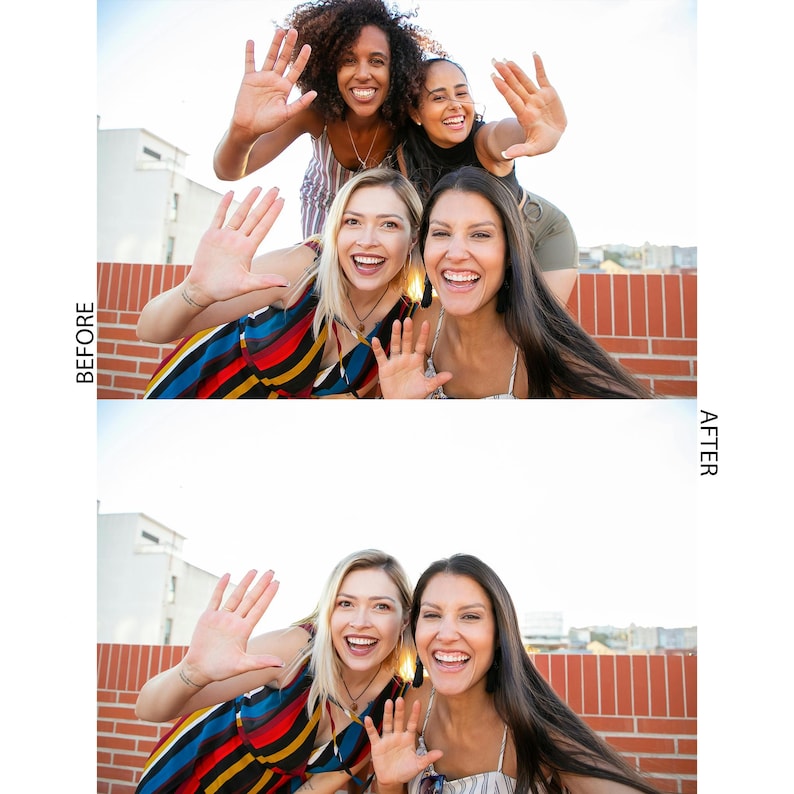 Op de afbeelding: Vier vrouwen lachen en zwaaien naar de camera. Ze staan voor een bakstenen muur. De vrouwen dragen casual kleding.
