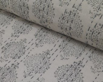 Handmade Grey Floral Kantha Quilt: Block Print Cotton Bedspread