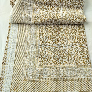 Handmade Brown Kantha Quilt: Floral Block Print Cotton Bedspread