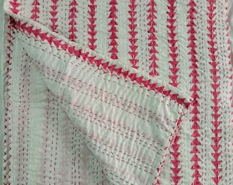 Pink Floral Kantha Quilt: Handmade Indian Block Print Bedspread