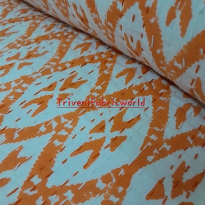 Orange Hand Block Print Kantha Quilt: Lightweight Cotton Bedspread