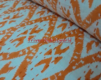 Orange Hand Block Print Kantha Quilt: Lightweight Cotton Bedspread