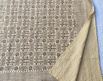 Hand Block Print Brown Kantha Quilt Bedspread – 100% Cotton, Queen Size