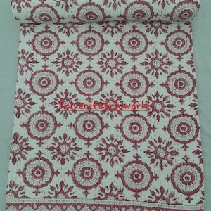 Handmade Indian Kantha Quilt: Pink Floral Block Print Bedspread