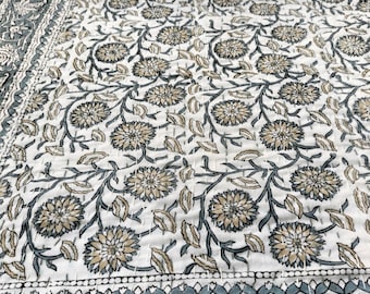 Handmade Floral Block Print Kantha Quilt: Grey Cotton Bedspread