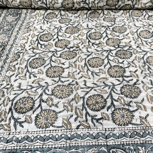 Kantha Quilt Grey Handmade Kantha Handblocked Print Kantha Etsy