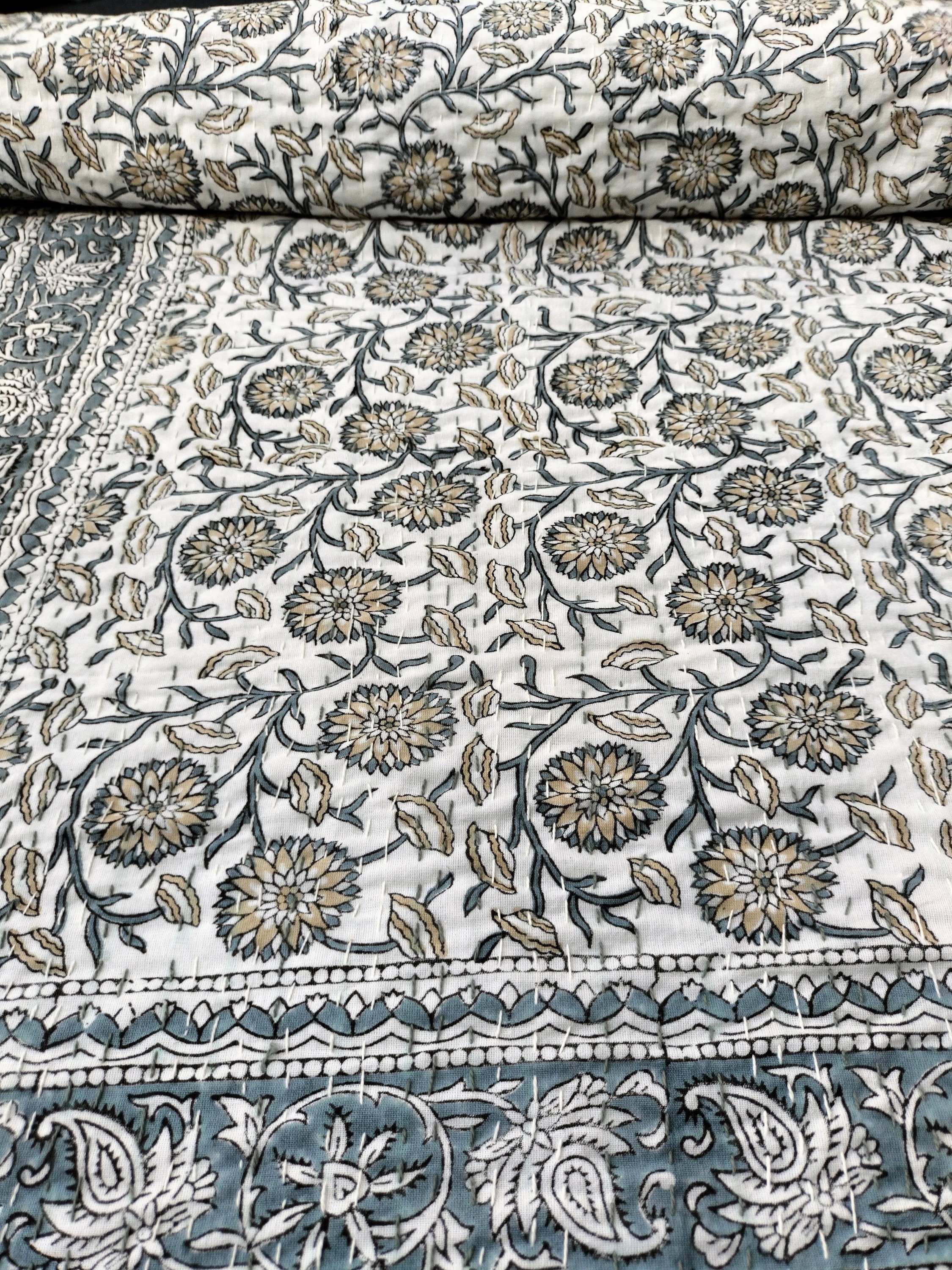 Couette Kantha Indienne Fait Main - Queen Floral - Coton 100% - Neuve Avec étiquettes