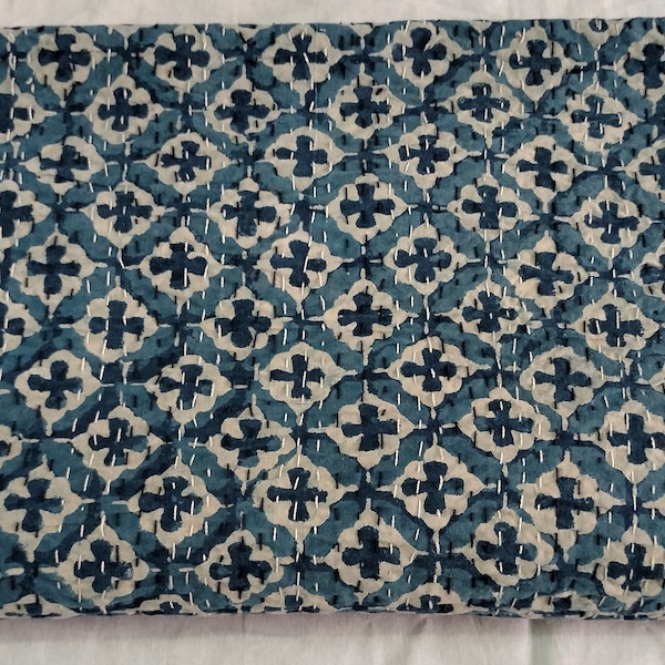 Indigo Kantha Quilt: Handmade Indian Block Print Cotton Bedspread