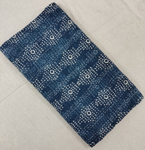 Indigo Hand Block Print Kantha Bedspread: Blue Floral Quilt