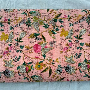 Handmade Pink Floral Kantha Quilt: Indian Cotton Bedspread