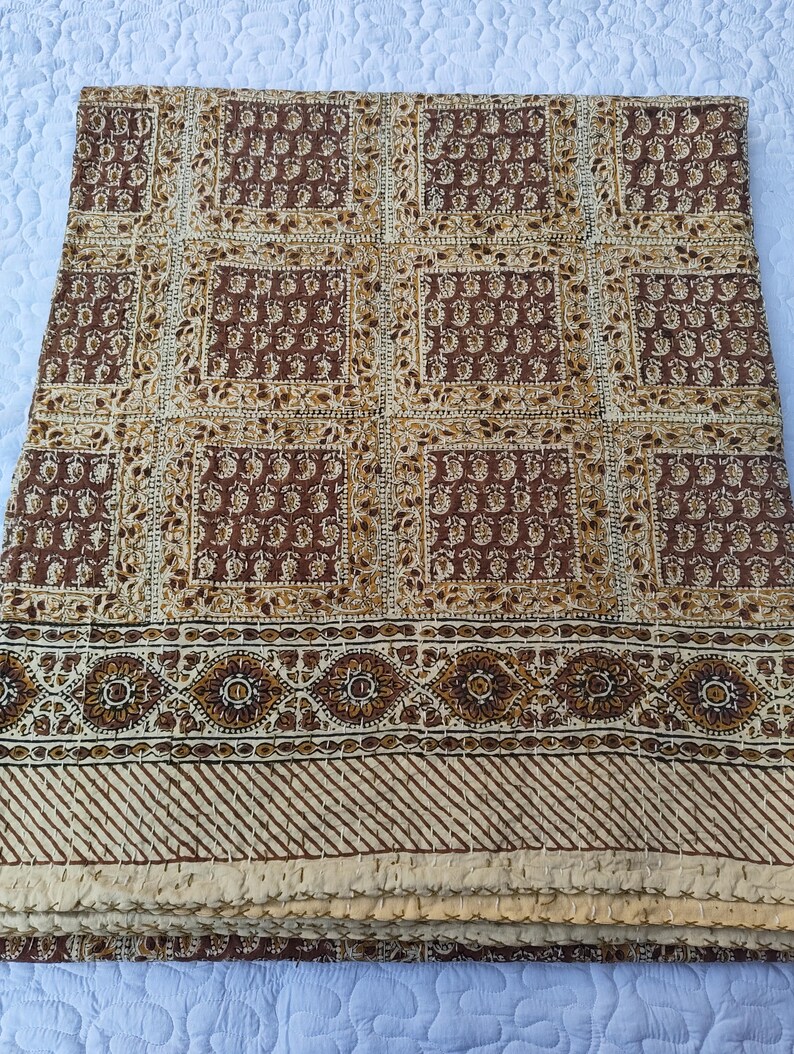 Brown Kantha Quilt Indian Bedding Throw Block Print Bedspread Hand Stitching Kantha Craft image 12